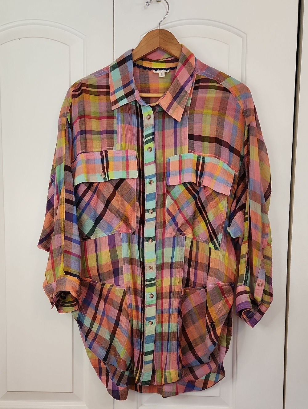 Pilcro Long-Sleeve Mixed Madras Plaid Oversized Buttondown Shirt Size XL Petite - Picture 3 of 11
